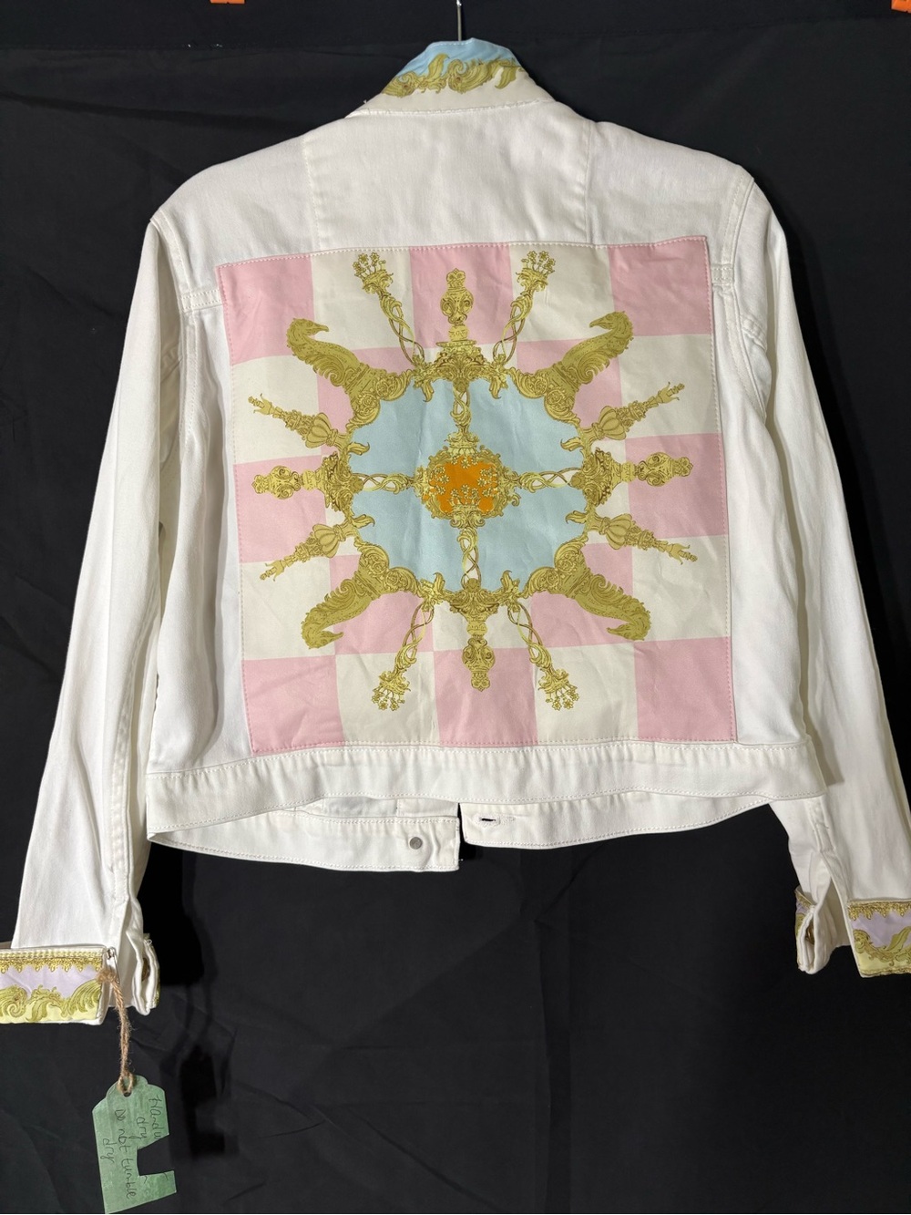 Michael Kors White Denim Jacket with Pastel Pink & Light Blue Embroidered Back